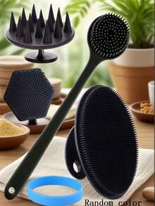 4 件套硅胶身体刷套装 - 1 个长柄背部刷、1 个短柄淋浴刷、1 个面部刷、1 个发刷、柔软身体去角质软毛浴刷、手持式身体/面部清洁和按摩 - 黑色 - 查看 7