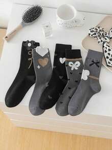 5 双女士中筒袜，简约蝴蝶结心形图案，成人和学生袜，适合所有人，所有季节 - 彩色 - 查看 3