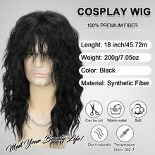 1 件 70 年代 80 年代摇滚朋克男士假发，耐热长卷发，透气网帽，适合主题派对、音乐节、万圣节和角色扮演（黑色，复古摇滚明星合成头发）长波浪黑色摇滚风格假发 - 高温纤维，水波卷曲 - 彩色 - 查看 4