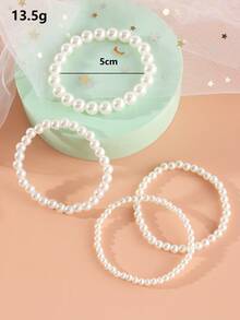 4pcs/Set Girls White Pearl Beaded Bracelet Set, Suitable For Daily Decoration - White - View 2