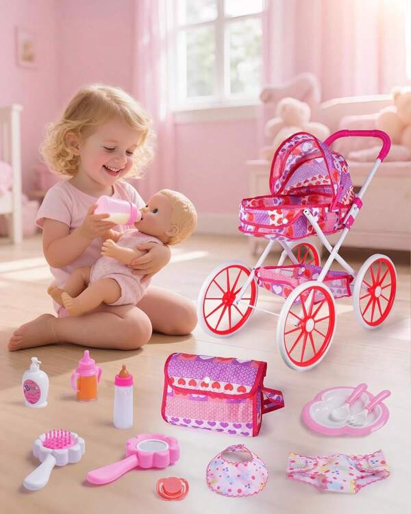 BABESIDE 10 Pcs Baby Doll Stroller Set With Feeding Doll Accessories, Baby Doll Stroller Toys For 12 Inch Dolls, Pretend Play Feeding Toy For Toddlers (Doll Not Included)