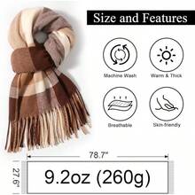 Bufanda de invierno para mujeres, bufandas de moda con sensación de cachemira a cuadros para mujeres, chales y envolturas de pashmina, bufanda larga tipo manta - Enrejado marrón y blanco - Ver 3