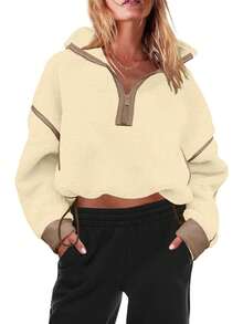 Women's Viral Sherpa Pullover Oversized Half Zip Sweatshirt | Cozy Y2K Winter Loungewear With Pocket Tumbler Fit - 米色 - 查看 4