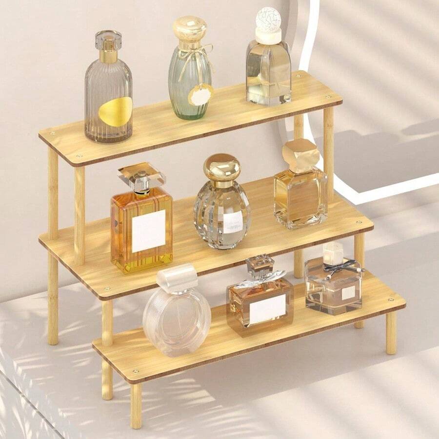 Display Riser Stand, 3 Tier Cologne Organizer Men Wood Perfume Organizer Women Cupcake Stand Holder Spice Shelf Rack Tabletop Figures, Dessert, Candles, Skincare - Tự nhiên + 3 tầng - Xem 1