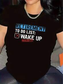 Camiseta divertida de jubilación para mujeres - Lista de tareas de jubilación: Despierta y lo has logrado Camiseta de texto en negrita - Camiseta ligera y elástica de poliéster para mujeres - Atuendo casual para el día a día y de jubilación - Idea de regalo de cumpleaños/aniversario - Blanca con letras negras - Top fácil de cuidar y lavable aáquina, atuendo relajado para el fin de semana, diseño juguetón, ajuste cómodo, top gráfico, ropa humorística - Blanco - Ver 6