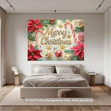 2D plano, 1 pieza, Tela de fondo de decoración navideña para el hogar, diseñada con bastones de paseo con reflectores y pancartas con patrón de flores rojas, muy adecuada para la fiesta de Navidad, decoración del festival, fondos de fotografía, sin electricidad requerida, fácil de colgar, tela de poliéster duradera, esencial para la decoración navideña