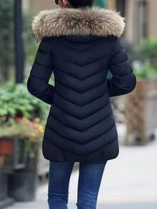 2025新款冬季女士羽绒服，中长款修身加厚冬装外套，带毛领，高端女士派克大衣 - 黑色 - 查看 3