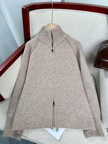Wixra Korean Loose Knit Cardigan, Stand Collar Raglan Sleeve, Two-Way Zipper Design, Collegiate Style Top, Essential For Layering In Autumn/Winter - Camel - View 10