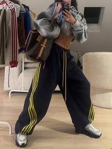 Women's Y2K Baggy Striped Sweatpants, High Waisted Wide Leg Casual Pants, Joggers With Drawstring Waist And Cuffs - màu đen - Xem 4
