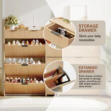 Slim 31.5" Fluted Shoe Storage Cabinet With 3 Flip-Down Compartments And Adjustable Shelf, Wooden Enclosed Shoe Rack, Freestanding Hidden Shoe Storage Organizer For Entryway And Hallway, Wood - Màu gỗ - Xem 5