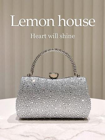 1 pieza Bolso de mano de lujo con purpurina plateada y tachuelas de strass, bolso elegante adecuado para fiestas de noche, bodas, galas, festivales, celebraciones