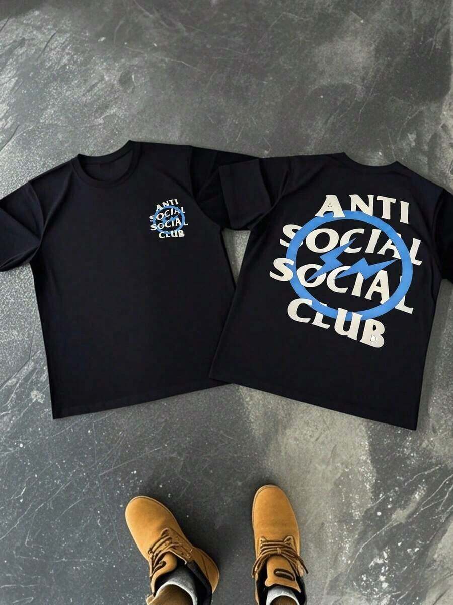 Anti Social Club Lightning Bolt 1pcs Men's 100% Cotton Tee Streetwear Double Sided Digital Printed 220g T Shirt Casual Style Graphic TopLeisure - màu đen - Xem 1