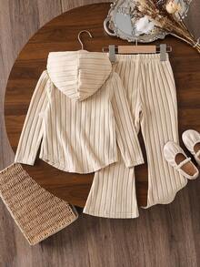 女童休闲可爱套装：串珠花连帽T恤+串珠花喇叭裤 - 杏色 - 查看 2