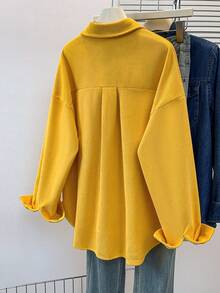 Women's Flannel-Lined Shirt Jacket, Solid Color Asymmetrical Hem Blouse With Notch Lapel & Pockets, Cozy Office & Lounge Top For Fall Winter Spring