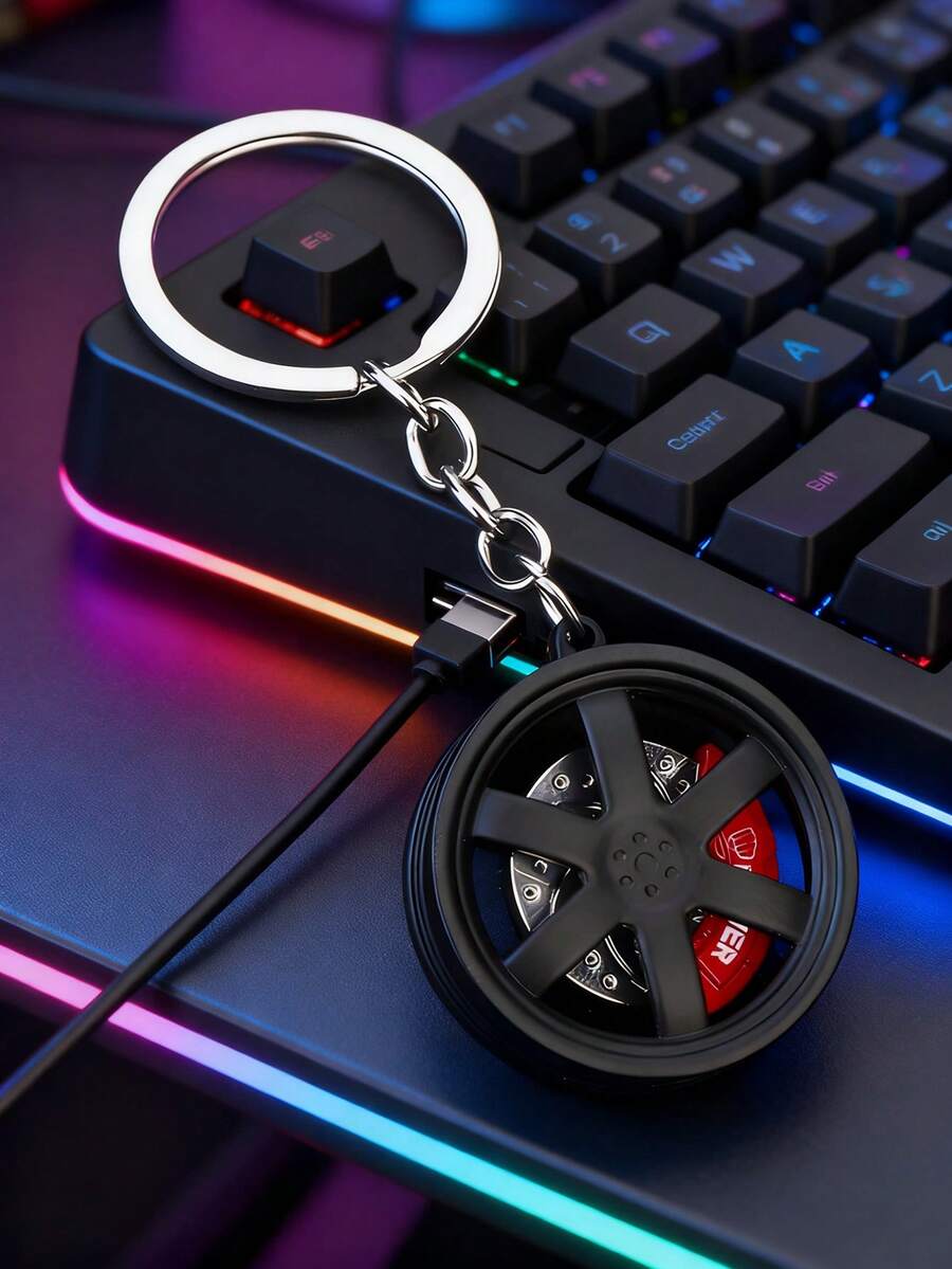 1pc Stylish Car Wheel - Shaped Keychain With Brake Caliper Detail, Perfect Auto - Themed Accessory - Black - View 1