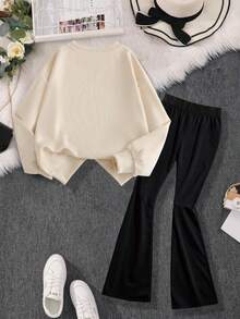 Girls' Two Pieces Casual Cute Cat Print Round Neck Sweatshirt And Heart Pattern Cuff Sweatpants, Pants, Autumn And Winter Clothes, Suitable For Shopping, Party, Sports, Travel, Party, School, Teenage Girls' Clothes, Girls' Clothes, Sports