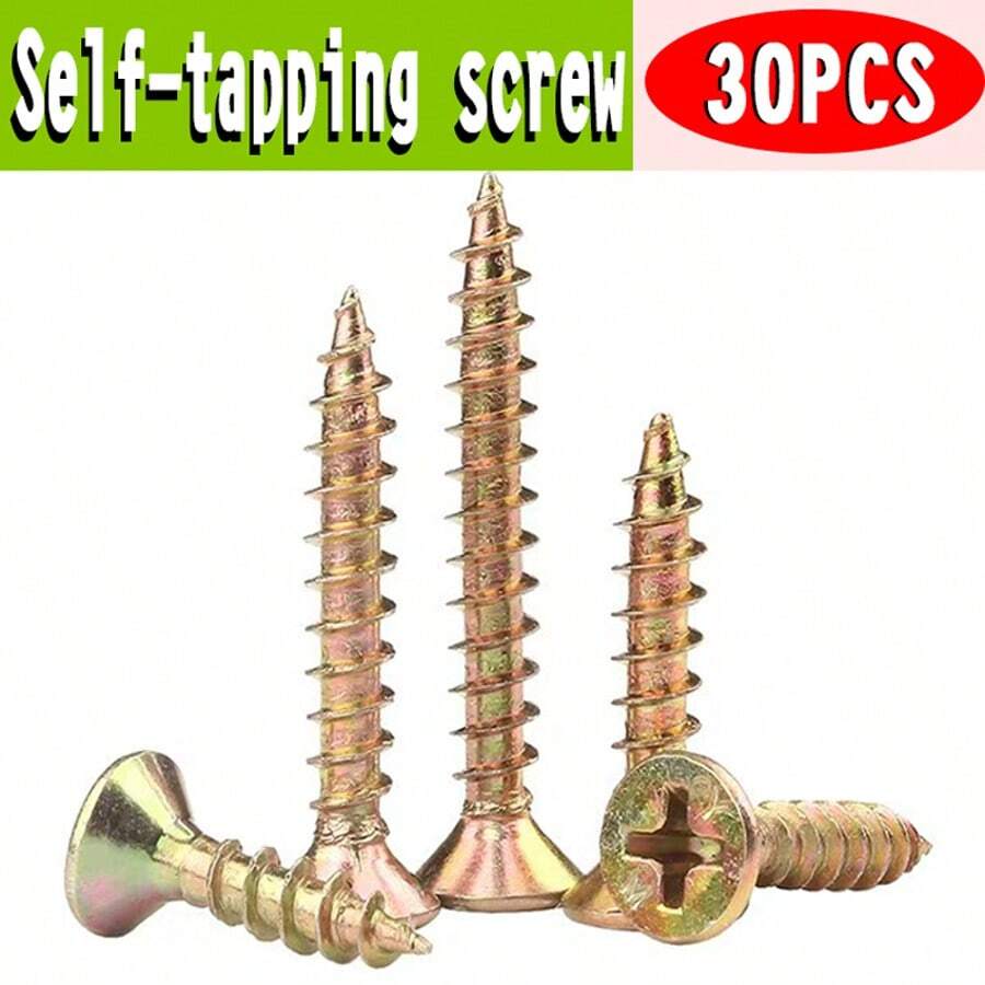 براغي خشب برونزية مطلية بالإيبوكسي مقاومة للصدأ M3.5 بكميات كبيرة - خشنة السن، رأس مسطح، مثالية لأرضيات الأخشاب والمشاريع الخشبية والبناء - الذهبي - مشاهدة 1