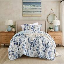 Lightweight Seersucker Botanical Comforter Set Twin Size, Reversible Design With Striped Print, Premiuicrofiber Bedding Set, Comforter And Sham Set, Navy/Blue,24191367 - Navy - 查看 2