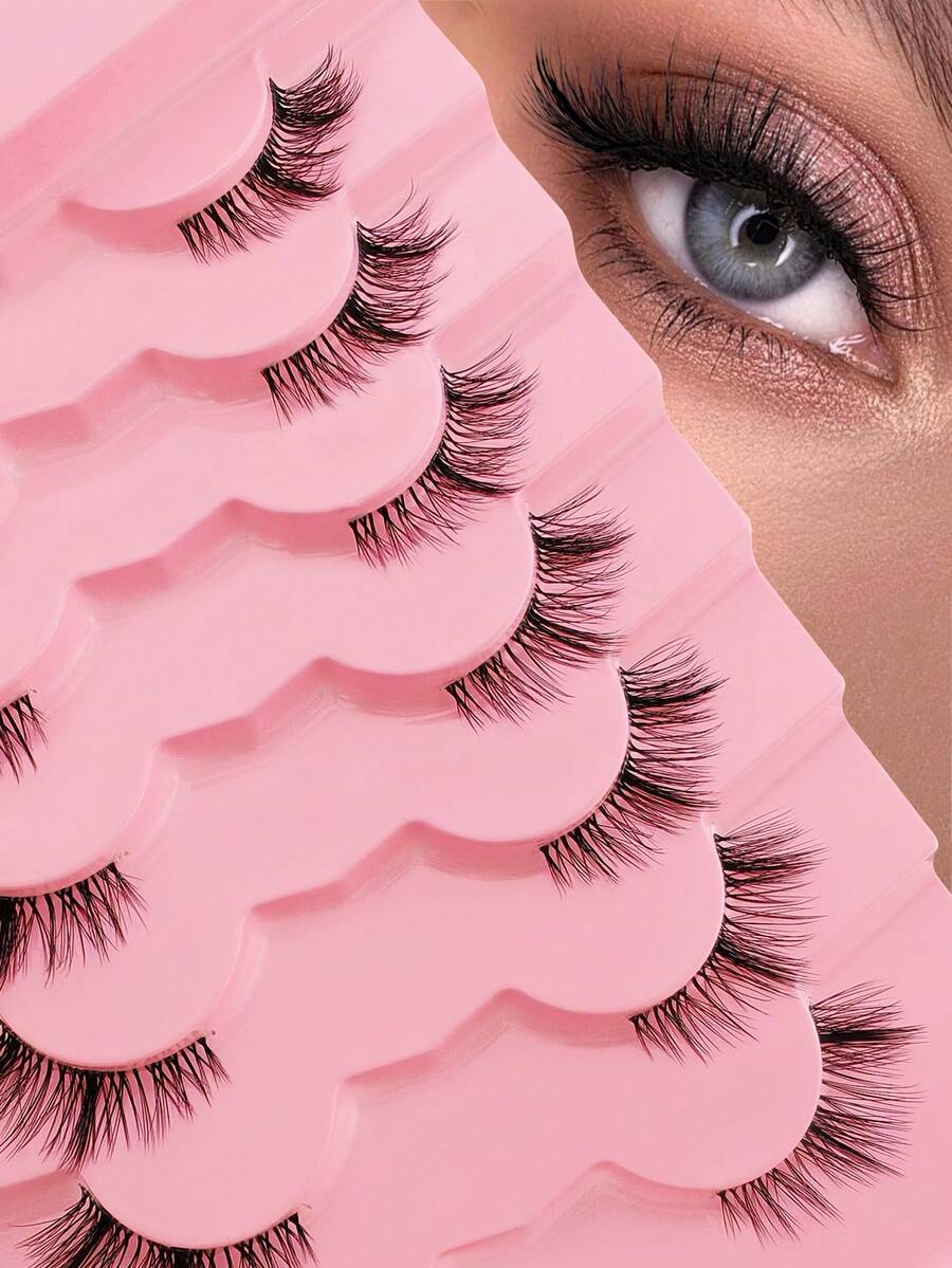 7 Pairs Transparent Half-Strip False Eyelashes, 12mm Cat Eye Effect, Extended Tail Design, 3/4 Corner Lashes, Natural Look - 黑色 - 查看 1