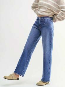 Y2K Straight Leg Baggy Jeans Women, Mid Rise Stretchy Loose Fit Casual Denim Pants Vintage Distressed Pockets - 藍色 - 查看 4