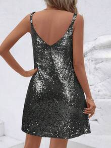 亮片V领无袖连衣裙，时尚派对装，欧美风，夏季 - 黑與白 - 查看 2