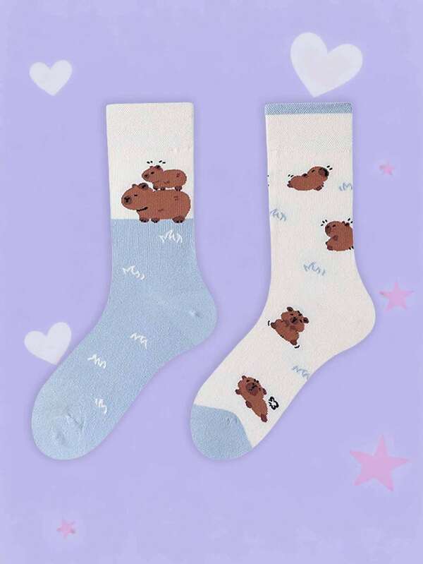 1 Paio Di Calzini Equipaggio Donna Carini Con Motivo Bianco E Blu A Capibara, Comodi Per Uso Quotidiano, Sport E Feste In Primavera, Estate E Autunno