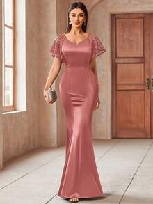 MIUSOL Elegant Sequin Lace Sweetheart Neck Ruffle Sleeve Satin Mermaid Hem Formal Party Maxi Fitted Dress Wedding Spring - Dusty Pink - View 1