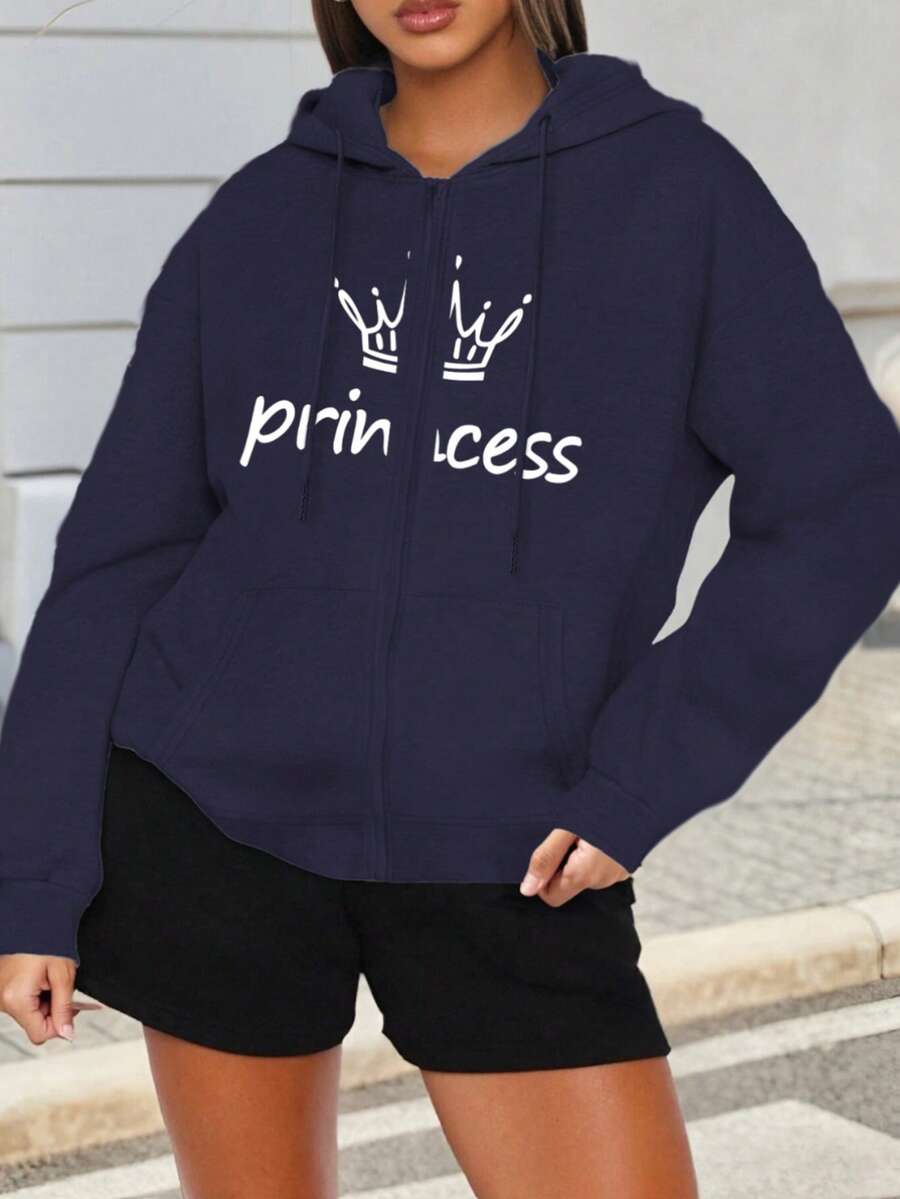 Mujer005 Sudadera con capucha con cremallera del Día de los Muertos invierno sudadera de manga larga cómoda suave Sudadera de capucha azul oscuro con estampado de "princess" y dos coronas, perfecta para un estilo casual atemporal - Azul - Ver 1