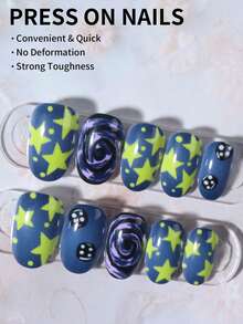 24片椭圆星形法式美甲贴纸套装，亚克力材质，完美贴合，包含1片果冻胶和1个指甲锉，适合女性和女孩日常佩戴或参加舞会等场合。 - 彩色 - 查看 2