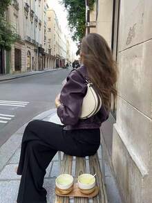 Manneqi 复古美式休闲时尚翻领拉链紫色皮夹克女短款外套 - 紫色 - 查看 2