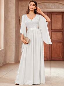 MIUSOL Deep V-Neck Sequin Patchwork Floral Lace Chiffon Formal Party Maxi Dress, Elegant Women's Party Gown - White - View 4