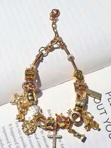 1pc Travel & Birthday Teddy Bear Charm Bracelet, 1pc DIY Angel Heart Mom Bracelet, 1pc Travel Eiffel Tower Bracelet, 1pc Star Girl Bracelet - Silver - View 9