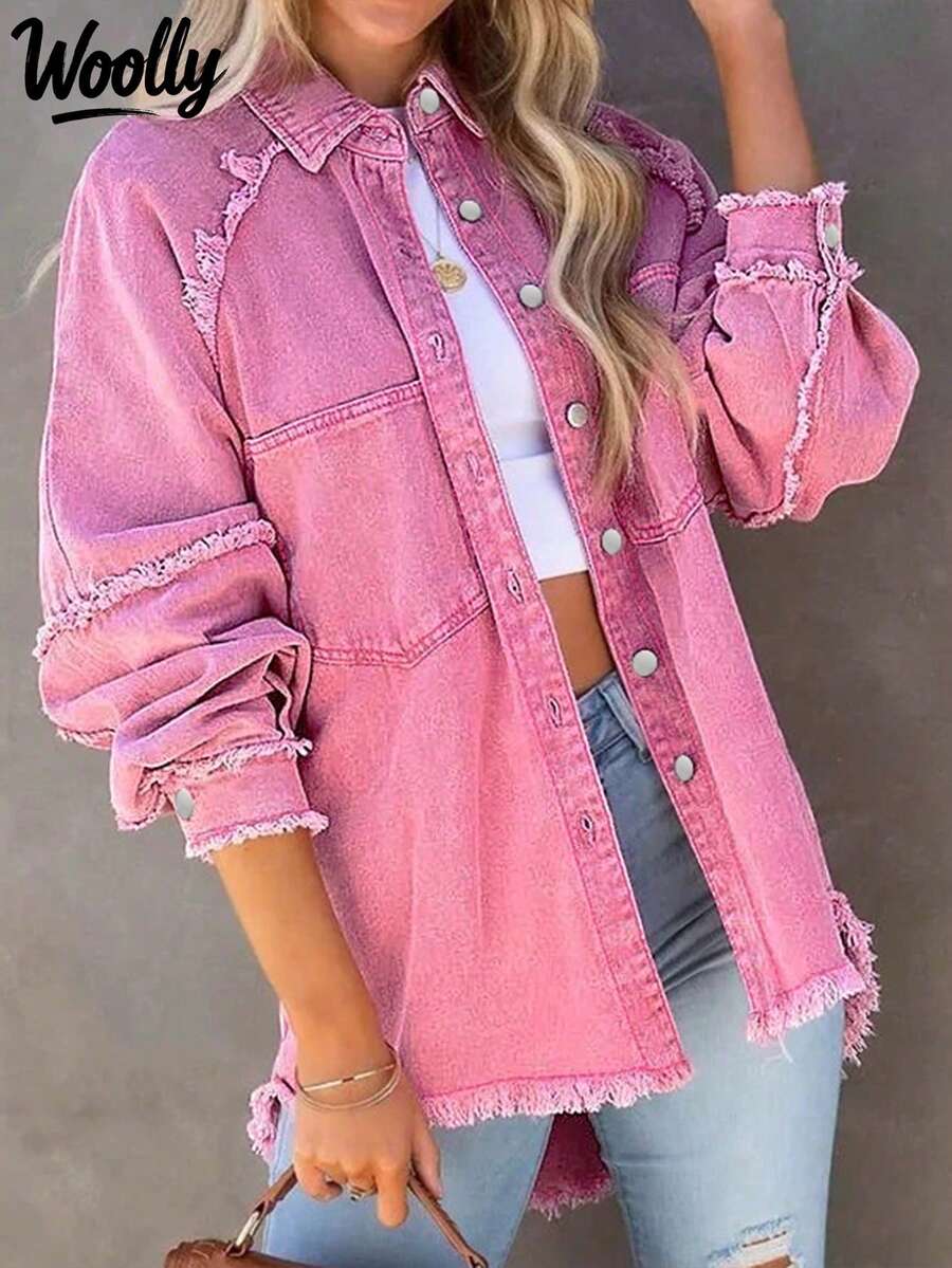 Plus Size Women's Loose Fit Pink Jacket, Raglan Sleeve, Fuzzy Hem, Spring/Autumn - Pink - View 1