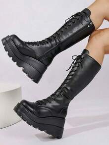 女士粉色圆头厚底高跟长靴，系带弹力时尚靴，适合秋冬季节和派对穿着