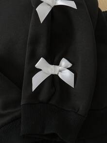 2 件套青少年女孩休闲蝴蝶结装饰运动衫和直筒运动裤套装，秋季 - 黑色 - 查看 8