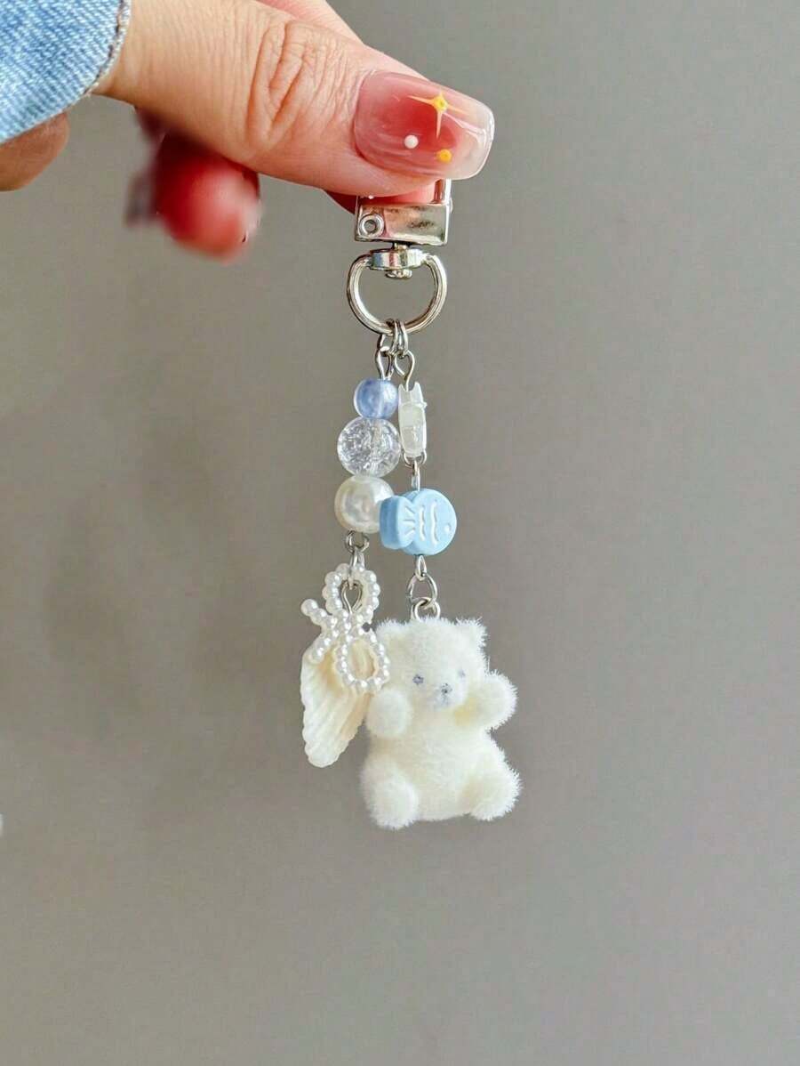 1pc Unisex Cartoon Flocked Small White Bear Keychain, Cute Shell Small Accessory, Student Personalized Phone Case Bag Pendant Bag Accessories Lanyards With Id Holder Car Accessories Bag Charms - trắng - Xem 1