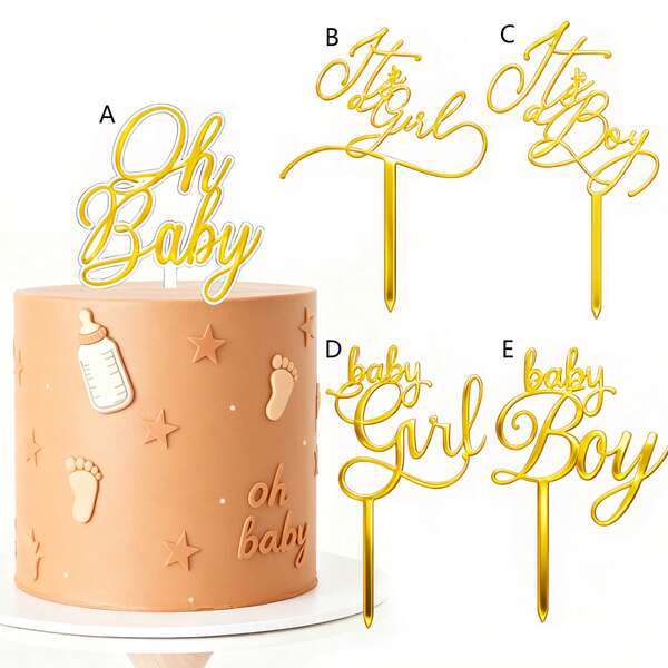1 pieza/3 piezas/6 piezas Decoración para pastel de Baby Shower o cumpleaños con letrero dorado de acrílico "Oh Baby Boy/Girl"