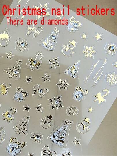 Adesivos de Arte de Unhas de Natal, Decalques de Unhas com Padrões Dourados, Florais, Laços, Flocos de Neve, Papai Noel, Sinos, Decorados com Strass, Brilhantes e Luxuosos, Adequados para Salões de Beleza e Varejo