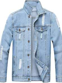 Classic Men's Denim Jacket Retro Men's Ripped Casual Denim Jacket Turn-Down Collar Single-Breasted Men's Denim Coat - 淺色水洗藍 - 查看 1