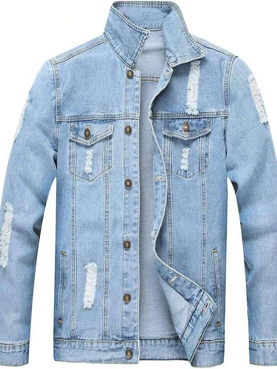 Classic Men's Denim Jacket Retro Men's Ripped Casual Denim Jacket Turn-Down Collar Single-Breasted Men's Denim Coat - 淺色水洗藍 - 查看 1