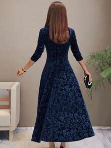Floral Pattern V-Neck Velvet Dress, Elegant Long Sleeve Swing Dress For Spring Vacation - Blue - View 5