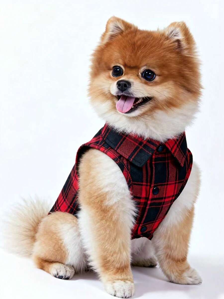 LUCKIE LABO 1 pieza Camisa de mascota de poliéster con estampado de cuadros sencillo, antiparasitaria, reduce la pérdida de pelo, aislante, transpirable para gatos y perros de interior/exterior - Rojo - Ver 1