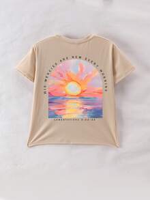 女童简约日出图案套头圆领T恤，休闲夏秋新款少女服装 - 杏色 - 查看 3