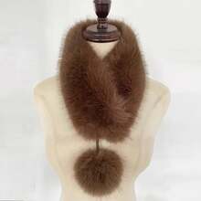 1pc Women's Luxury Faux Fur Scarf, Thickened Long Winter Neck Warmer With Fur Ball Lapel, Elegant Soft Fashion Accessory For Autumn & Cold Weather - xám - Xem 7