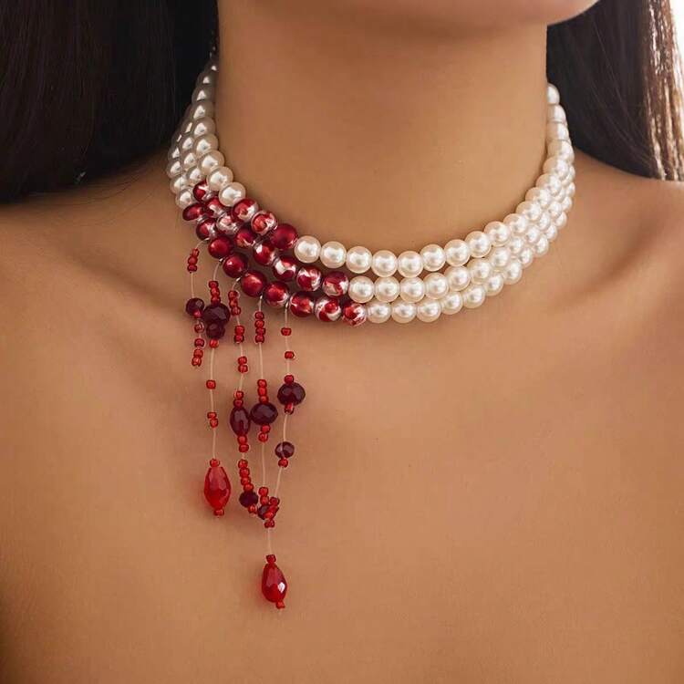 1 Pcs Dripping Blood Imitation Pearl Necklace Niche Personality Shopping Hip-Hop Girl Style Collarbone Chain - 滴血珍珠耳環-R5629 - 查看 6