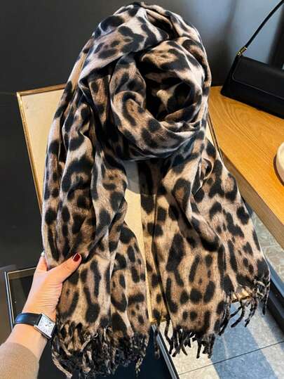 1pc Leopard Print Scarf For Women, Warm Shawl Wrap, Student Style, Tasseled Neck Warmer, Winter 2025 New Collection For Dress