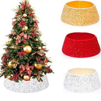 1pc Christmas Tree Skirt, 3D Sequin Tree Skirt Decoration, Christmas Party Home Decor, Christmas Tree Bottom Cover, Shiny Thick Skirt In Gold, Red, Silver, Self-Adhesive For Easy Storage