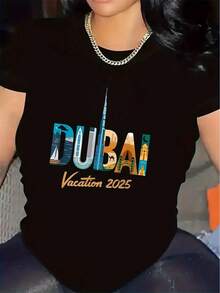 Polyester T-Shirt For Dubai Vacation 2025, Lightweight Breathable Fabric, Ideal For Travel, Beach,    Daily Wear, Comfortable Fit, Durable Design, Perfect For Men    Women, Stylish Graphic Print, Casual Short Sleeve Top - 黑色 - 查看 1