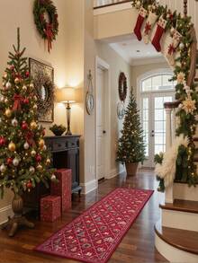 1pc Christmas Wreath & Plaid Pattern Red Carpet, Decorative Kitchen Rug, Entryway Mat, Latest Anti-Slip Easy Clean Carpet Floor Mat For Bedroom, Room Decor, Christmas Decoration, Home Decor, Party Gift - Red - View 6