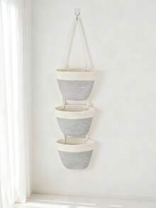 1Set/3pcs Three-Layer Home Wall Mounted Rope Storage Basket, Gray White Mixed Color Bohemian Style Home Storage Basket, Handmade, Suitable For Household Bedrooms, Living Rooms, Miscellaneous Sorting And Storage, Suitable As A Christmas Gift For Children, Bathroom Accessories, Room Decor - Multicolor - View 12